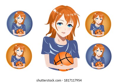 Set of cartoon anime girls with a ball portrait of faces icons vector