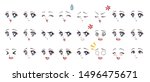 Set of cartoon anime style expressions. Different eyes, mouth, eyebrows. Blue eyes, pink lips. Hand drawn vector illustration isolated on white background. 