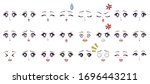Set of cartoon anime style expressions. Different eyes, mouth, eyebrows. Blue eyes, pink lips. Hand drawn vector illustration isolated on white background.