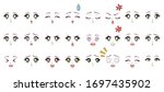 Set of cartoon anime style expressions. Different eyes, mouth, eyebrows. Blue eyes, pink lips. Hand drawn vector illustration isolated on white background.
