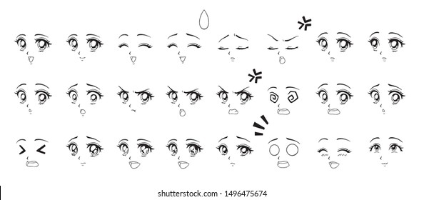 Set of cartoon anime style expressions. Different eyes, mouth, eyebrows. Contour picture for manga. Hand drawn vector illustration isolated on white background. 