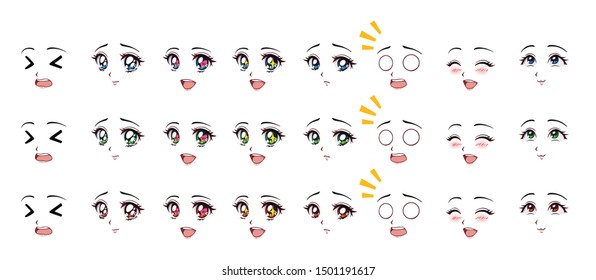 Set of cartoon anime style expressions. Different eyes, mouth, eyebrows.  Three different colors: red, green, blue. Hand drawn vector illustration isolated on white background. 