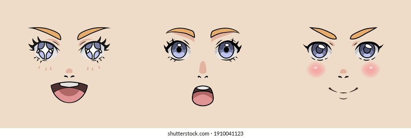 Set Of Cartoon Anime Style Expressions. Different Eyes, Mouth, Eyebrows. Hand Drawn Vector Illustration.