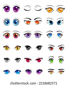 Set of cartoon anime style eyes and eyebrows. Vector illustration isolated on white background.