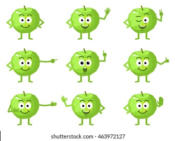 Set of cartoon apple characters showing different hand gestures. Cheerful green apple showing thumb up, greeting, pointing, okay, stop, victory sign and other hand gestures. Simple vector illustration