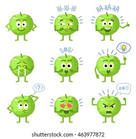 Set of cartoon apple characters showing different actions, gestures, emotions. Cheerful apple laughing, surprised, crying, thinking, pointing, in love, angry. Simple vector illustration