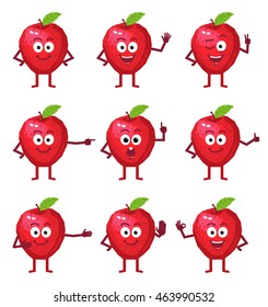 Set of cartoon apple characters showing different hand gestures. Cheerful red apple showing thumb up, greeting, pointing, okay, stop, victory sign and other hand gestures. Simple vector illustration