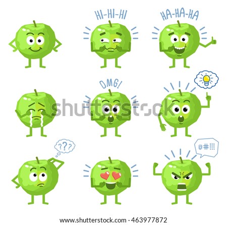 Set of cartoon apple characters showing different actions, gestures, emotions. Cheerful apple laughing, surprised, crying, thinking, pointing, in love, angry. Simple vector illustration