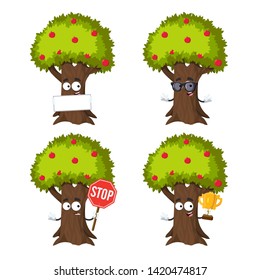set of cartoon apple tree full of red apples character mascot on white background