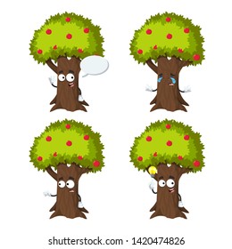 set of cartoon apple tree full of red apples character mascot on white background