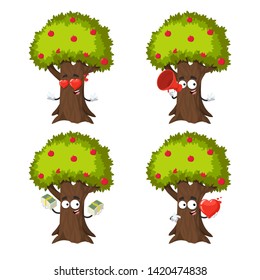 set of cartoon apple tree full of red apples character mascot on white background