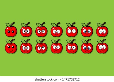 set of Cartoon apple.Cute apple in comic style. vector illustration.Apple Smiley Face