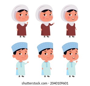 Set of cartoon arab schoolchildren. Arab schoolboy and schoolgirl in traditional dresses collection