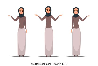 Set of Cartoon Arab woman character with hijab. Smiling girl in hijab presenting something with two hands. Young Moslem businesswoman wearing scarf. Vector illustration isolated from white