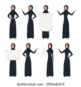 Set of Cartoon Arab woman character design with hijab. Smiling girl in hijab presenting something with different poses. Young Moslem businesswoman wearing scarf.Vector illustration isolated from white