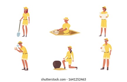 Set of cartoon archaeologist characters in yellow clothing at work. Vector illustration in flat cartoon style.