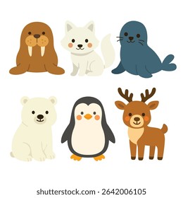 Set of cartoon arctic and winter animals including walrus, arctic fox, seal, polar bear, penguin, and reindeer. Flat colorful illustration on white background. Cold climate wildlife and North Pole