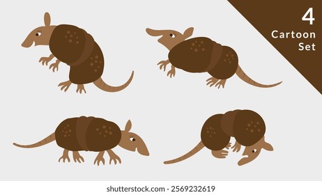Set of Cartoon Armadillo Various Poses. Vector Illustration Isolated.