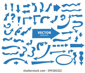 Set of cartoon arrows, blue color. Hand drawn design elements isolated on white, vector illustration. 