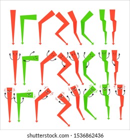Set of cartoon arrows with different emotions. Smiling and angry character. The form is straight, at an angle, curved, stepped, green and red.  Element for design,  packaging, brochure, poster and t-s