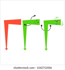 Set of cartoon arrows with different emotions. Smiling and angry character. Angled shape. The nature of the direction, children's graphics. Element for design, greeting card, logo, packaging, brochure
