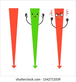 Set of cartoon arrows with different emotions. Smiling and angry character. The form is straight. The nature of the direction, children's graphics. Element for design, greeting card, logo, packaging, 