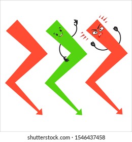 Set of cartoon arrows with different emotions. Smiling and angry character. The form is stepped. The nature of the direction. Vector illustration.