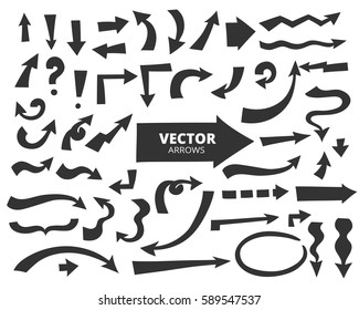 Set of cartoon arrows. Hand drawn design elements isolated on white, vector illustration. 