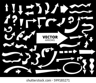 Set of cartoon arrows. Isolated Black and white hand drawn design elements, vector illustration. 