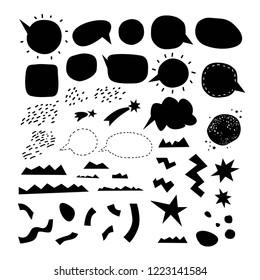 Set of cartoon arrows, speech bubbles, stars, elements. Hand drawn design elements isolated on white, vector illustration. For postcards, posters, infographics, web design