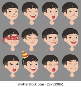 Set of Cartoon Asian Boy Face Emotions Vector Icons