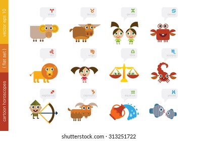 Set of Cartoon Astrological Zodiac Symbols (horoscopes) - funny creative set, vector illustration.