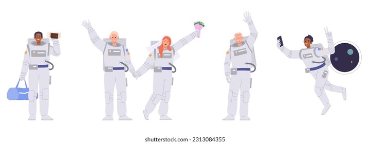 Set of cartoon astronaut and cosmonaut in spacesuit people characters in various action and emotions