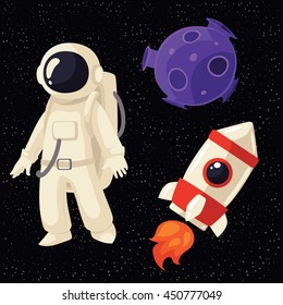 Set of cartoon astronaut, rocket and planet in cosmos vector illustration. Cosmonaut floating in space spaceship stars and moon. Illustration of cosmos traveler, galaxy eplorer