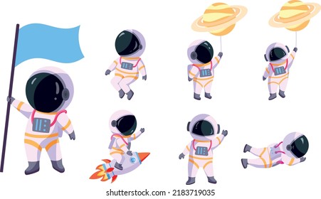 Set of Cartoon astronaut in various poses. Vector illustration.