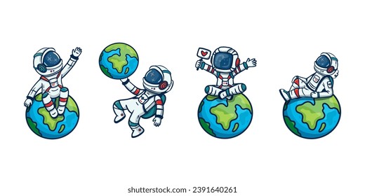 set of cartoon astronauts and Earth isolated on white background. Doodle for book, magazins, cards. Icon. Flat Style. Vector  Illustration