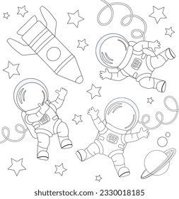 Set of cartoon astronauts flying in space with rocket, planet and stars on white background. Vector illustration for coloring book, children entertainment, print. Black and white.