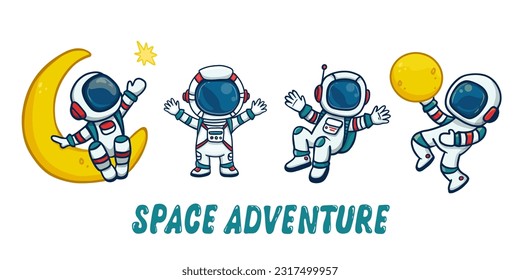 set of cartoon astronauts isolated on white background. Doodle style,for book. Vector illustration