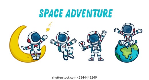 set of cartoon astronauts isolated on white background. Doodle style, for book. Vector illustration