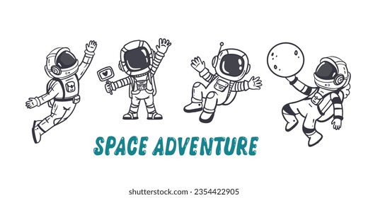 set of cartoon astronauts isolated on white background. Doodle style, for book and magazins. Coloring page. Vector