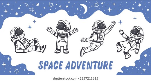 set of cartoon astronauts isolated on white background. Doodle style, elements for book, magazines. Coloring page. Vector illustration
