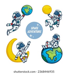 set of cartoon astronauts isolated on  white background. Doodle style, for book, magazines, print. Cosmonaut and earth, moon. Vector illustration
