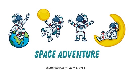 set of cartoon astronauts isolated on white background. Doodle style, for book, magazines, print. Cosmonaut and earth, moon. Vector illustration
