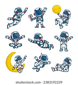 set of cartoon astronauts isolated on white background. Doodle style, elements for book, magazines. Coloring page. Vector illustration

