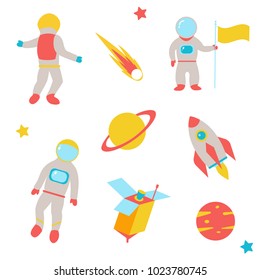 Set of cartoon astronauts, rocket and cosmic objects