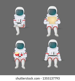 Set of cartoon astronauts sitting in various positions. Holding a sign, with legs crossed and holding pop corn and soft drink with ice isolated on a gray background. Vector illustration.