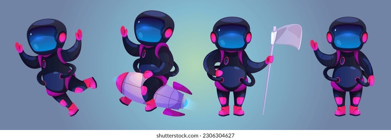 Set of cartoon astronauts in spacesuit, helmet isolated on background. Vector illustration of cute cosmonaut character flying in space, sitting on rocket, holding flag, waving hello. Education mascot