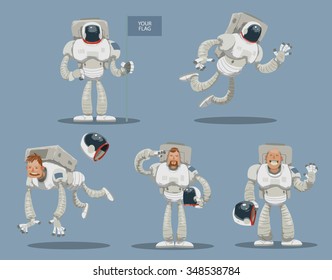 Set of cartoon astronauts in white spacesuits. One died. One flying in space. One standing with a banner where you can place image of any country. Vector illustration