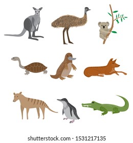 Set of cartoon australian animal. Kangaroo, emu, koala, turtle, platypus, dingo, thylacine, penguin and crocodile.