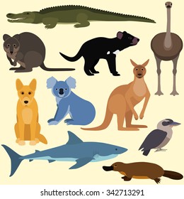 Set of cartoon australian animals. Vector illustration of red kangaroo, crocodile, kookaburra, platypus, dingo, white shark, koala, quokka, tasmanian devil, emu.
